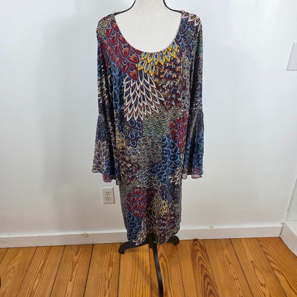 MSK Bell Sleeve Dress 2X Womens Excellent Paisley Feather Print Blue Multi